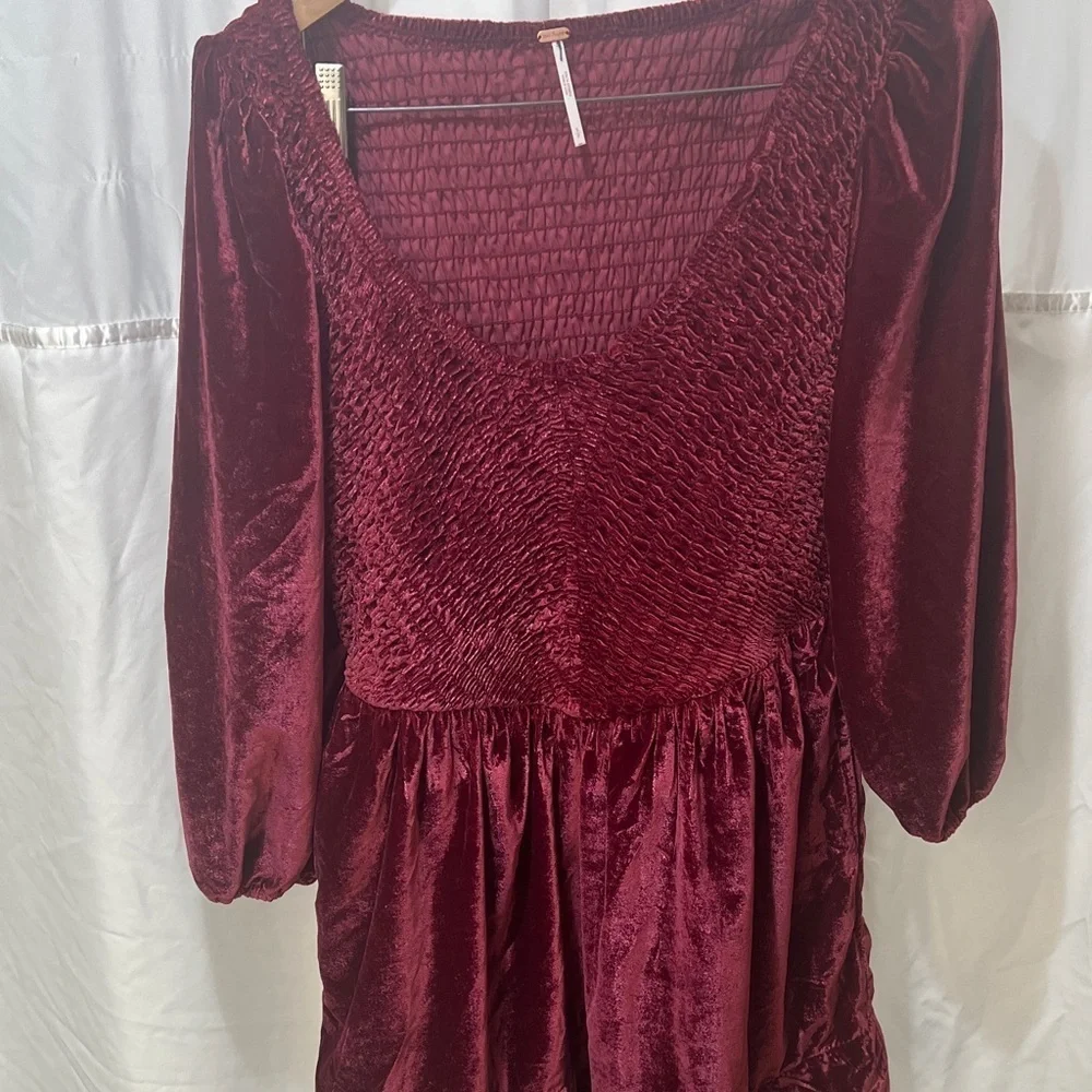 Free People Feel The Love Velvet Mini Dress S Red Smocked Boho Festival hoilday